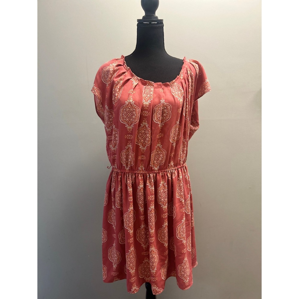 LC Lauren Conrad Rust Red Printed Short Sleeve Boho Style Dress